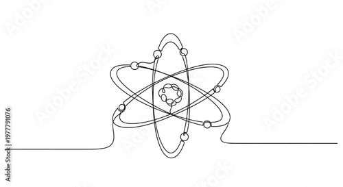 Minimalist line art depicting an atom with orbiting electrons on a white background