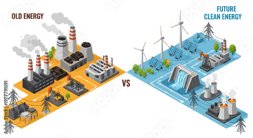 Old Energy Versus Future Clean Energy Comparison Illustration.