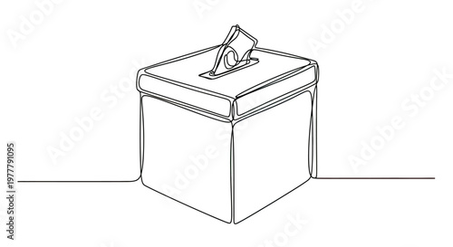 A continuous black line drawing depicts a ballot box with a paper slip