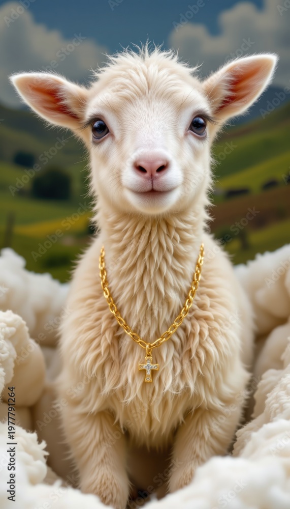 Fototapeta premium Innocent lamb wearing a golden cross necklace, symbolizing Easter, with rolling hills and clouds in soft focus background.