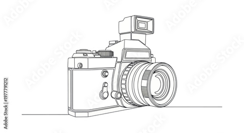 Monochrome outline drawing of a vintage camera with flash attachment