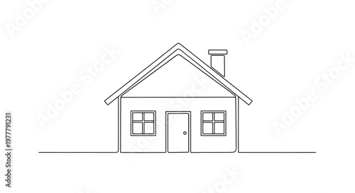 Simple line drawing of a detached house with a pitched roof, two windows, a door, and a chimney
