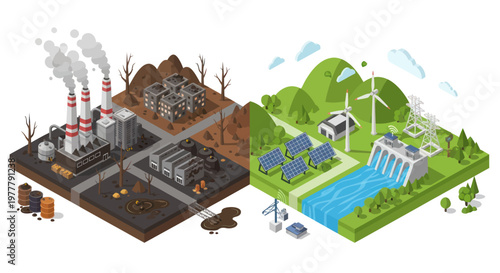 Pollution versus Clean Energy Isometric Comparison.