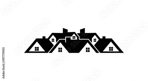 Silhouette of multiple house roofs with windows in a row.