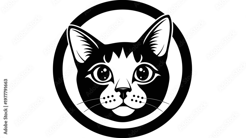 Fototapeta premium Black and White Cat Face Silhouette in Circle, Minimalist Pet Icon