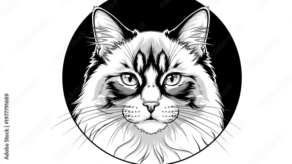 Fototapeta premium Black and White Illustration of a Majestic Ragdoll Cat's Face in a Circle