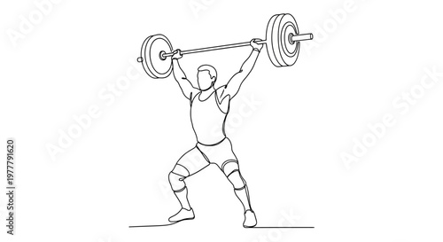 Line drawing of athlete in singlet and shorts lifting barbell overhead