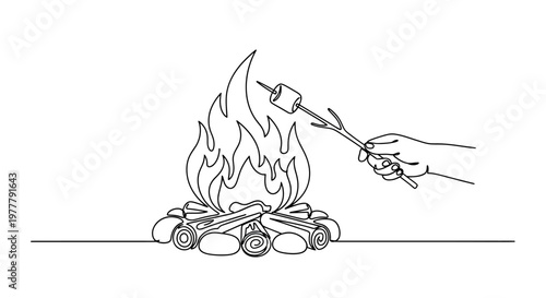 Hand roasting marshmallow over campfire flames, single line drawing