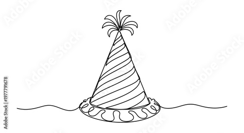 A single line drawing depicts a festive cone-shaped party hat with decorative swirls