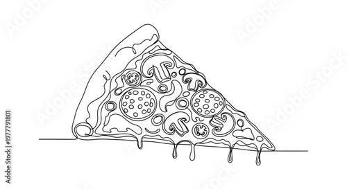 A single-line drawing of a pepperoni and mushroom pizza slice with melted cheese drips