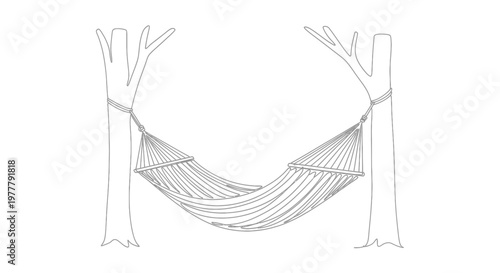 A simple line drawing depicts a hammock suspended between two stylized trees