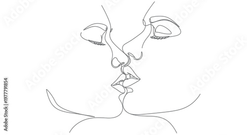 Two faces in profile, meeting for a kiss, drawn with minimalist lines