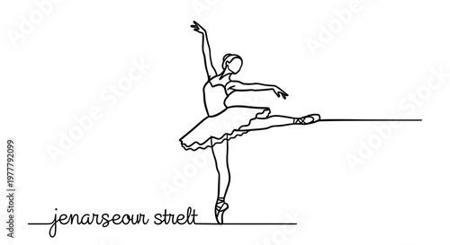 A graceful ballerina in a flowing tutu and pointe shoes performs a delicate pose