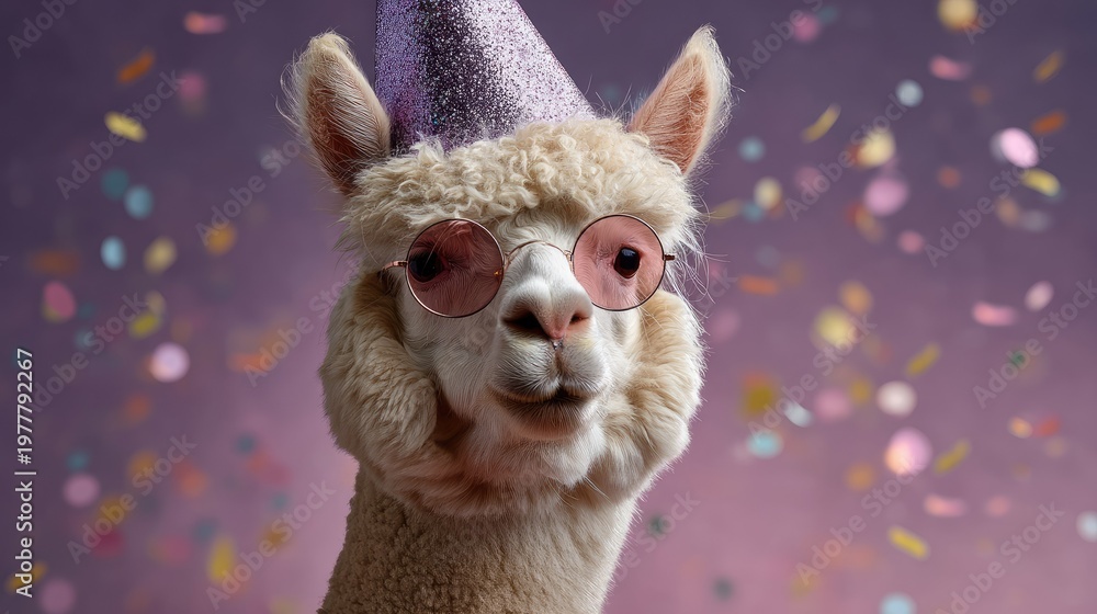 Obraz premium Adorable alpaca celebrating with a party hat and glasses amidst colorful confetti on a festive background, perfect for joyous occasions and celebrations.