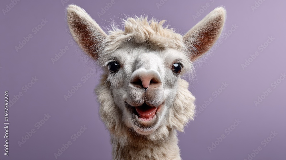 Fototapeta premium Happy and Playful Alpaca with Fluffy Fur and Big Brown Eyes Against a Soft Purple Background