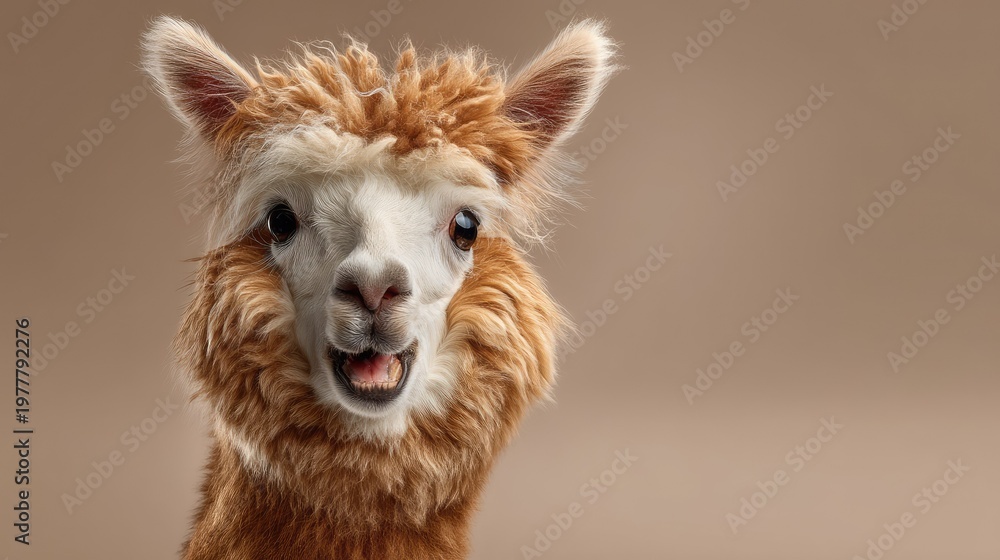 Obraz premium Cute alpaca with fluffy fur and bright eyes against a neutral background, showcasing cheerful expression and charm in close-up portrait photography