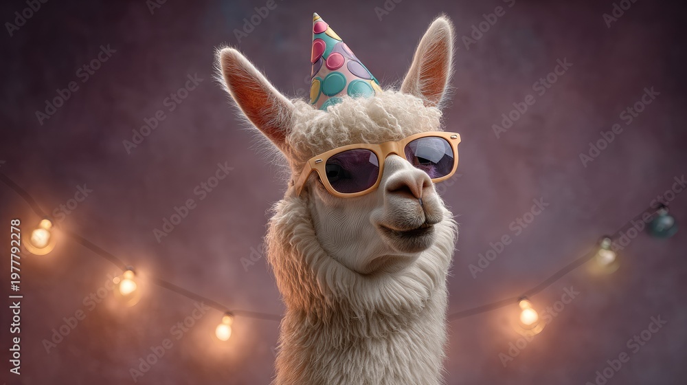 Fototapeta premium Celebratory Alpaca with Sunglasses and Party Hat Embracing a Joyful Atmosphere Under Festive Lights