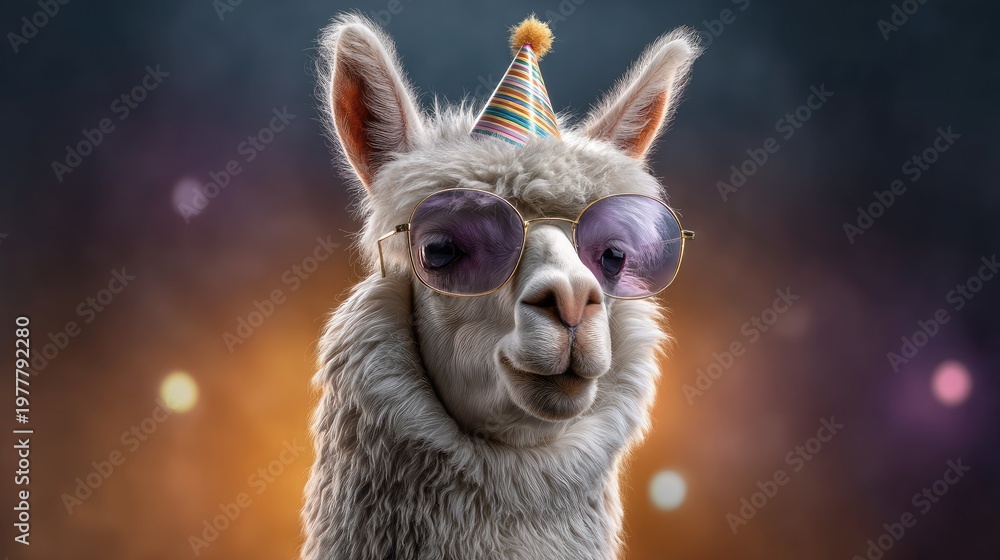 Fototapeta premium Fun and Whimsical Alpaca Wearing Party Hat and Sunglasses in a Colorful Celebration Background