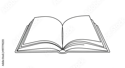 Open book, black outline on a white background, blank pages