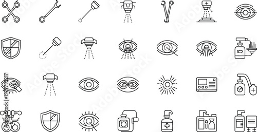 Set of Eye Surgery and Ophthalmology Equipment Icons Featuring Laser Treatment, Medical Tools, Vision Care, and Optical Procedures
