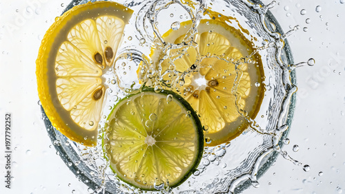 Fresh yellow lemon slices splashing in clear water create a juicy and healthy citrus drink isolated on white for a burst of organic freshness