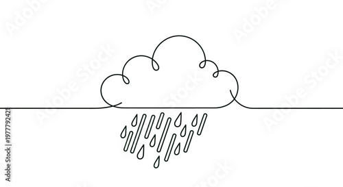 Minimalist cloud with falling raindrops, drawn with a single black line