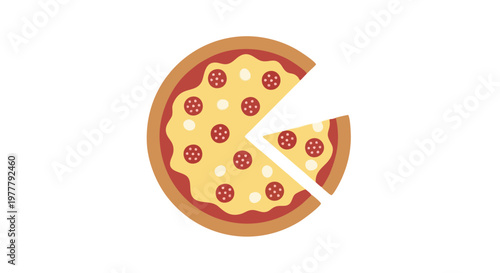 Delicious pepperoni pizza graphic with a single missing slice isolated on a clean white background