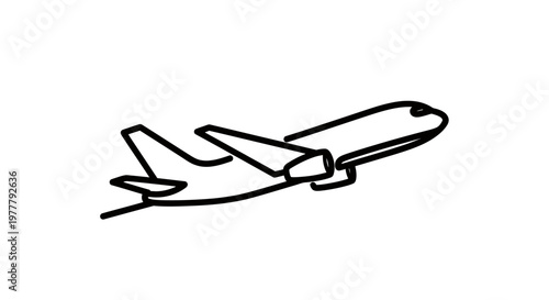 Minimalist black line drawing of a jet airplane in flight