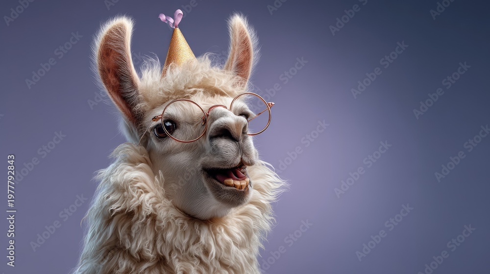 Fototapeta premium Cute llama wearing a party hat and glasses, smiling joyfully while celebrating a birthday or special occasion against a soft gradient background