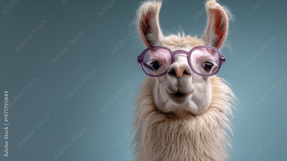 Naklejka premium Playful llama wearing stylish purple glasses against a soft blue background with a lighthearted and fun expression, perfect for quirky animal photography