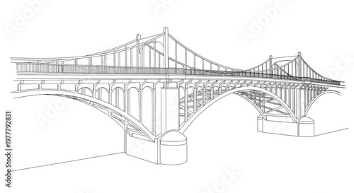 Architectural drawing of an ornate steel truss bridge with arched spans