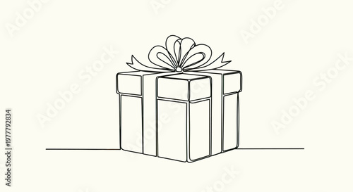 A continuous line drawing of a gift box with a ribbon and bow