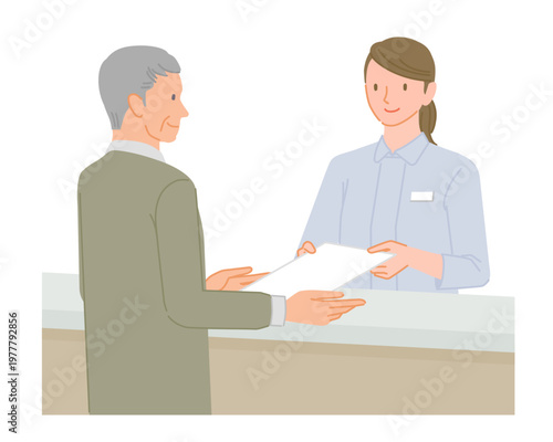 Senior man receiving document at hospital reception from female staff