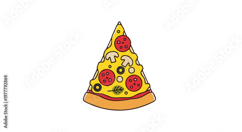 Delicious cartoon illustration of a single pepperoni pizza slice with mushrooms and olives on a white background.