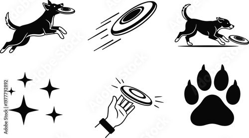 Dog frisbee vector silhouette set showing jumping running catching disc paw print and sparkles isolated for pet activity design use