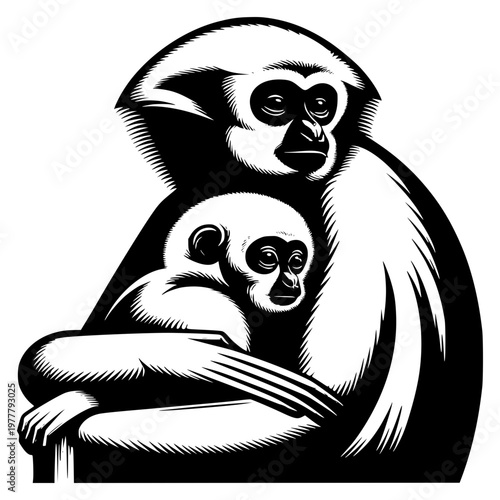 Gibbon's Embrace: A tender moment captures a gibbon's love for their child, mother bond, evoking emotions of comfort and security.