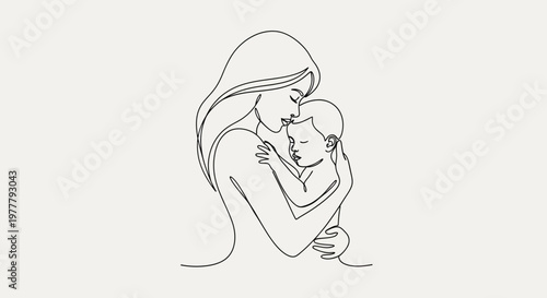 Minimalist line art depicting a mother cradling her sleeping infant