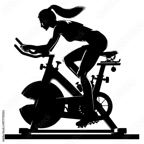 Silhouette Cycling: A determined woman, rendered in a striking silhouette, rides an exercise cycle with focused energy, representing fitness and determination. 