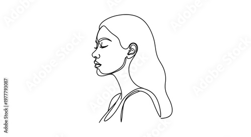 Elegant single line drawing of a woman's profile with flowing hair and closed eyes