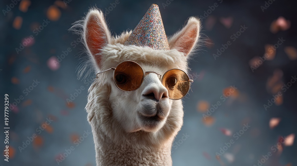 Naklejka premium Festive Alpaca with Party Hat and Sunglasses Surrounded by Colorful Confetti Celebrating a Fun Occasion in a Bright and Playful Atmosphere