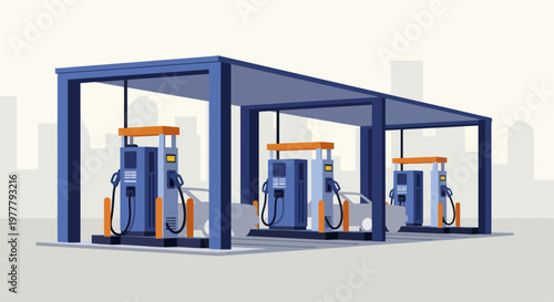 Three modern fuel pumps at a gas station.