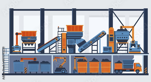 Waste recycling plant with machinery for sorting and processing garbage.