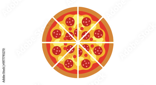 A delicious pepperoni pizza is perfectly sliced into eight equal portions, ready to be enjoyed.