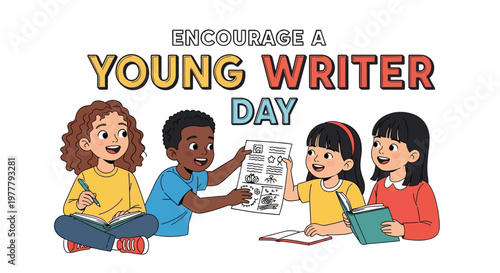 A cheerful illustration celebrating Encourage a Young Writer Day 2026 shows children engaged in a kids writing activity, developing storytelling concepts with creative education