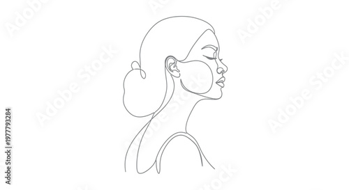 Minimalist grey line art of a woman's profile with eyes closed and hair bun