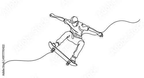 Single continuous line drawing of a skateboarder performing a trick