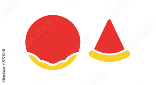 Vibrant red circular and triangular pizza slices isolated against a clean and simple white background surface