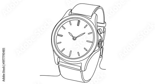 A minimalist line drawing showcases a classic wristwatch with a circular face and strap