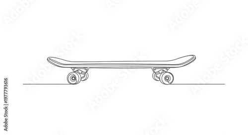 Line drawing of a skateboard with wheels, deck, and trucks