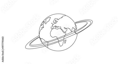 Stylized Earth with orbital rings, depicted in a minimalist line art style